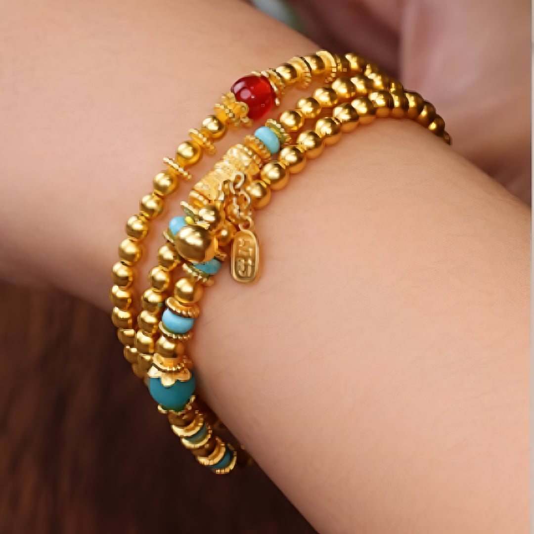 24K Real Gold Beads Bracelet Necklace multi-use Gourd Charm Bring Wealth Bracelet