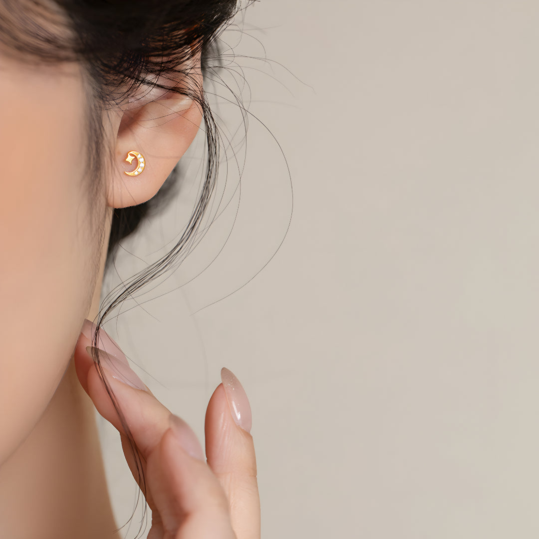 18K Pure Gold Zircon Moon and Star Romantic Stud Earrings - Gypsophila Co.