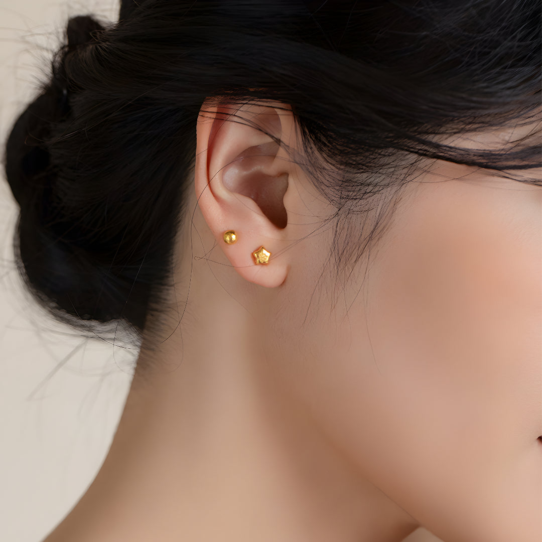 24K Pure Gold Moon Star Ball Minimal Minimalist Stud Earrings Mix and Match - Gypsophila Co.