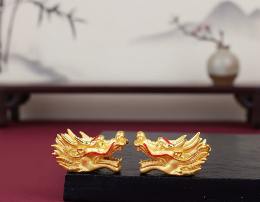 24K 999 Pure Gold 3D Hard Gold Zodiac Dragon Head Good Luck Charm D.I.Y Pendant