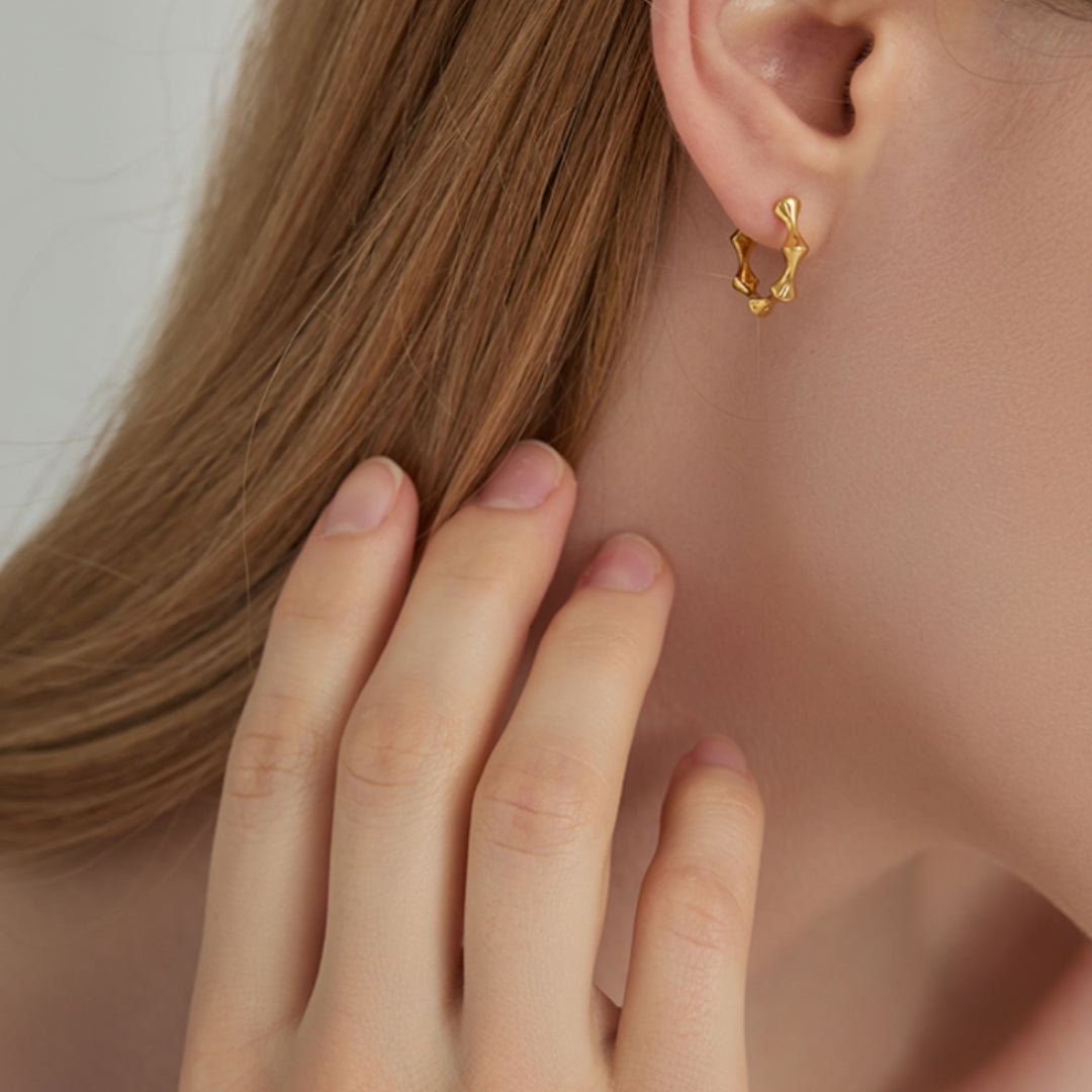 18K Real Gold Bamboo Hoop Earrings