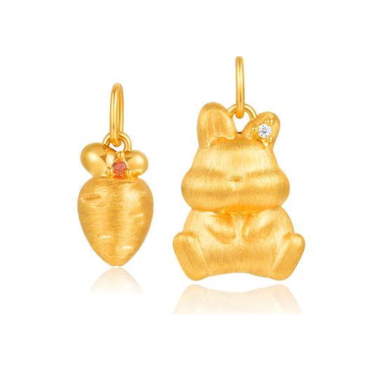 24k Pure Gold Cute Rabbit Bunny and Carrot 5D Pendant Charm - Gypsophila Co.