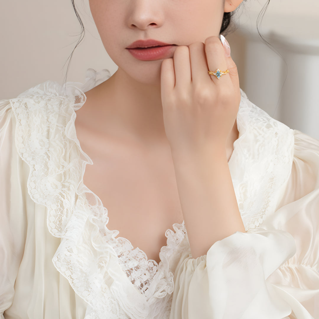 24K Real Gold Blue Water Drop Topaz Moissanite Rococo Style Proposal Ring - Gypsophila Co.