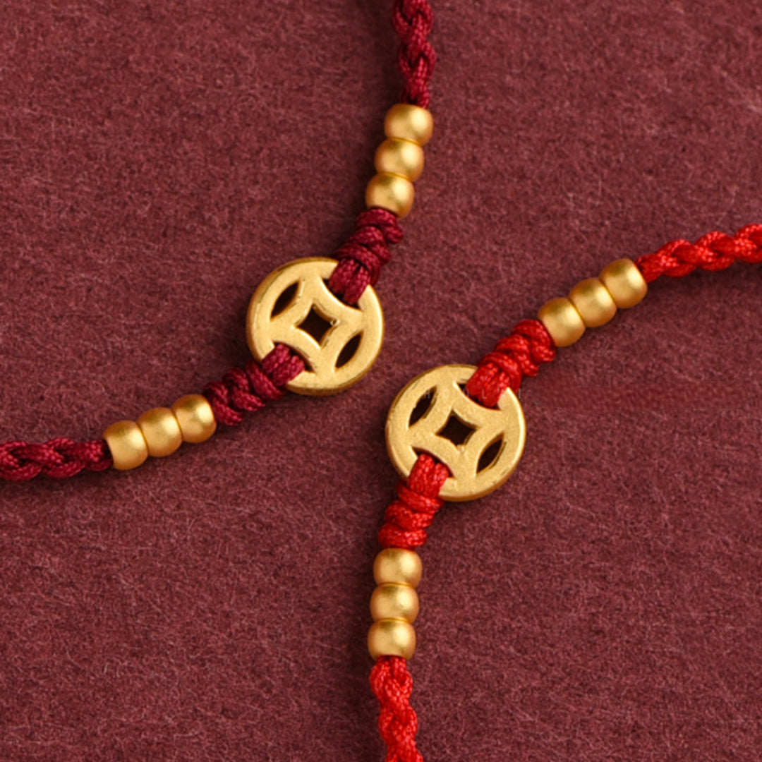 24k Solid 999 Gold Chinese Coin Red Rope Bracelet for Men and Women Blessing and Bring Wealth Braided Bracelet