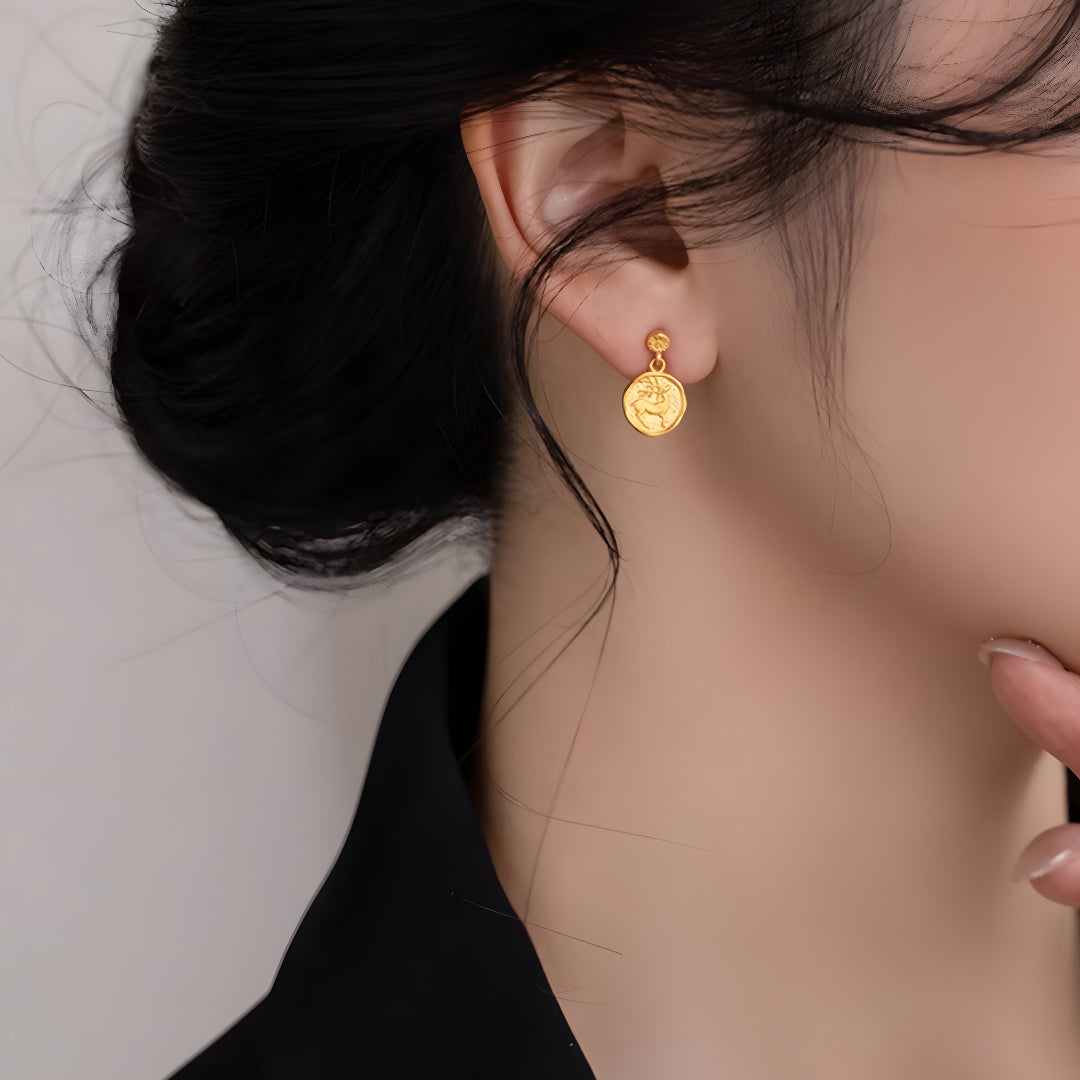24K Pure Gold Earrings with Deer Chasing the Sun Stud Earrings