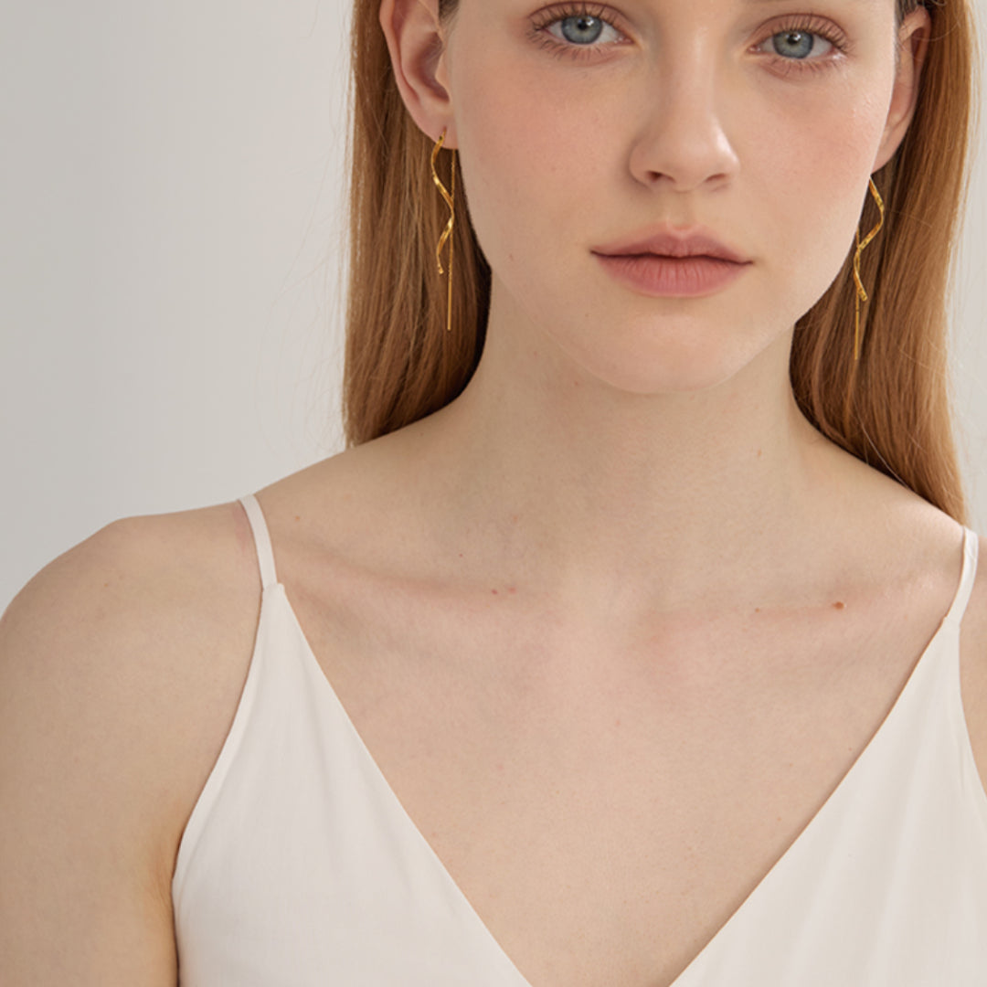 18K Real Gold Wave charm Dangle Threader Earrings