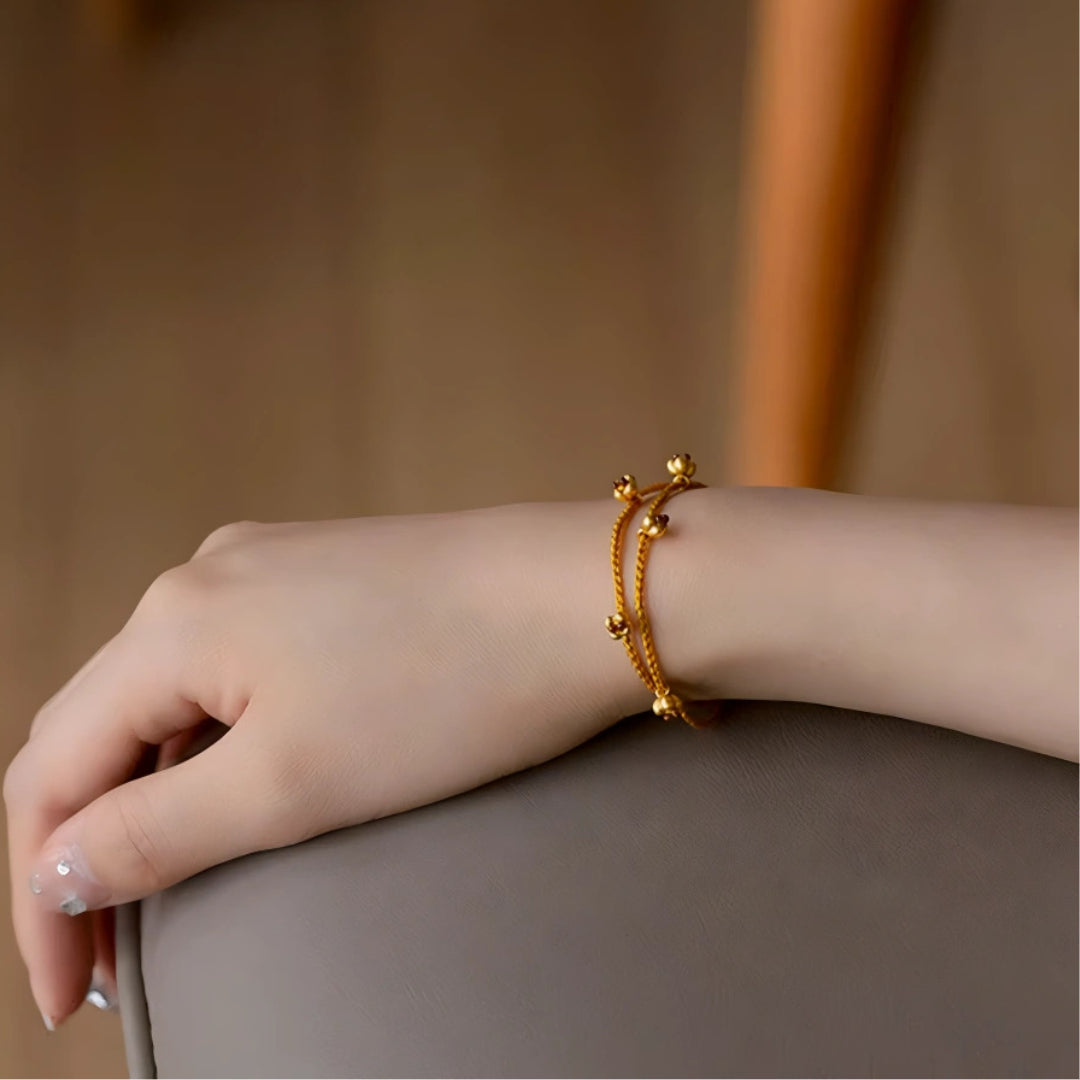 24k Pure 999 Gold Osmanthus fragrans Small Flower Charm with Red Rope Bracelet