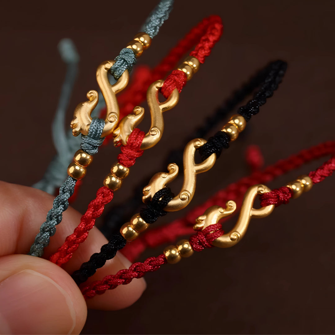 24k Solid 999 Gold Infinity Loop Dragon Pendant with Red String Braided Rope Bracelet and Anklet for Good Luck