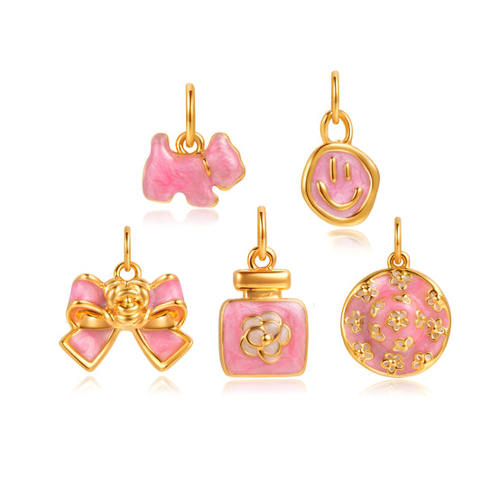 24K Pure Gold Pink Enamel 5D Hard Gold Dog Happy Face Bow and Perfume Bottle Charm D.I.Y Pendant - Gypsophila Co.