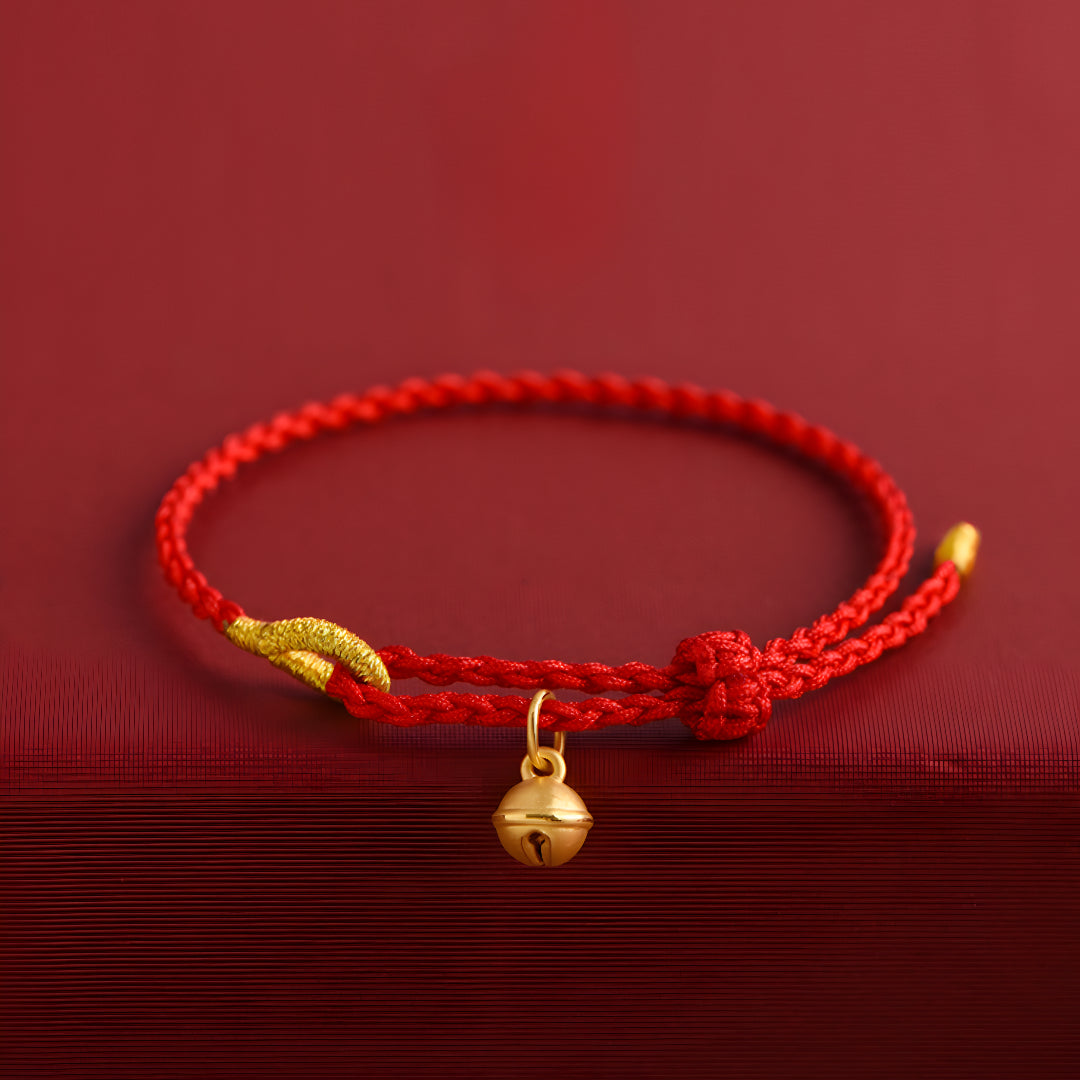 24k Pure Gold 999 Gold Beads Bell Red Rope Braided Bracelet Men and Women Couple Good Luck Bracelet