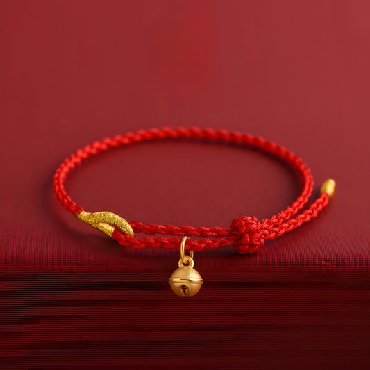 24k Pure Gold 999 Gold Beads Bell Red Rope Braided Bracelet Men and Women Couple Good Luck Bracelet