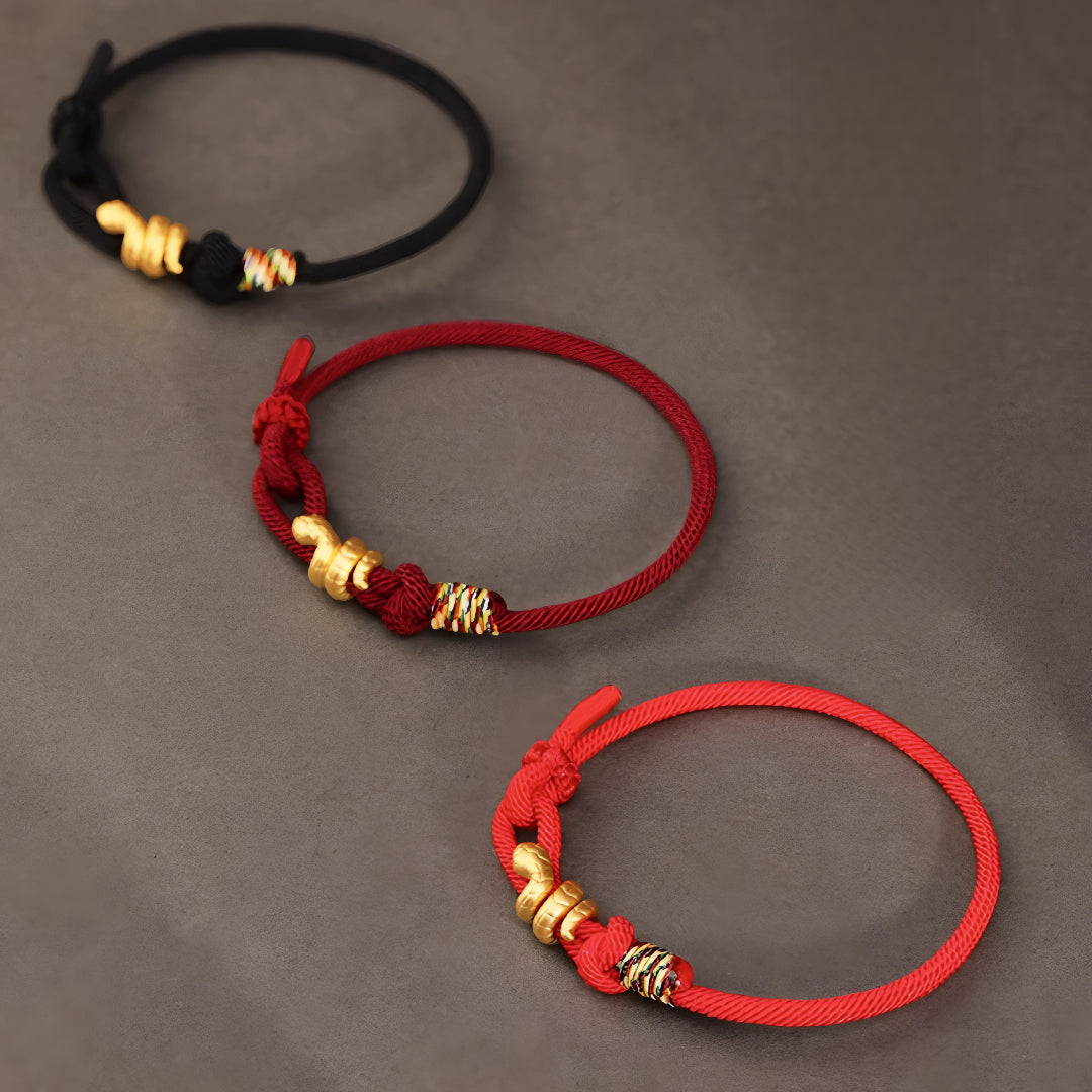 24k 999 Pure Gold Snake Pendant Chinese Zodiac with Red String Braided Rope Bracelet for Men and Women