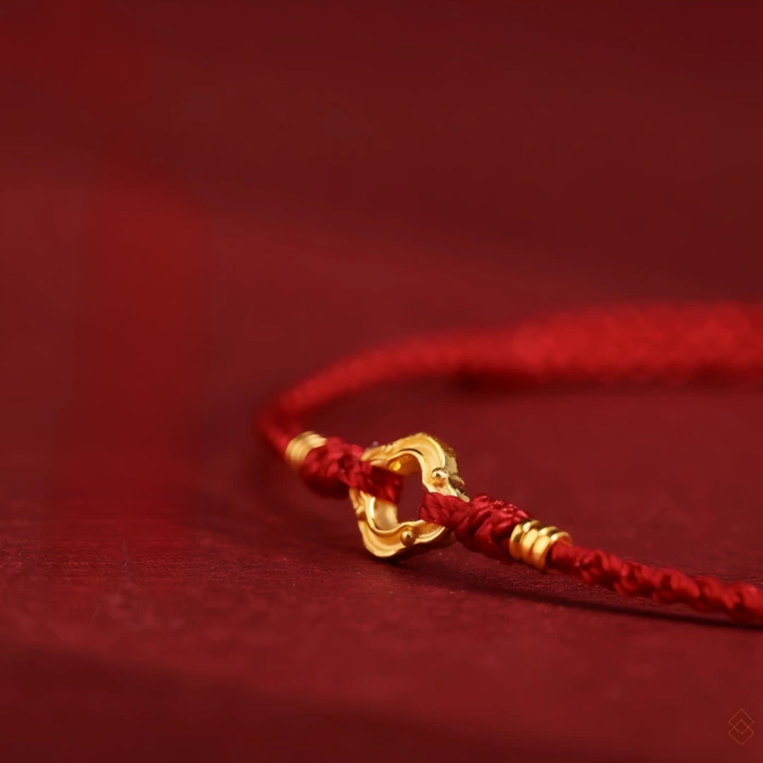 24k Solid 999 Gold Blessing Auspicious Cloud Pendant with Red String Braided Rope Bracelet for Good Luck