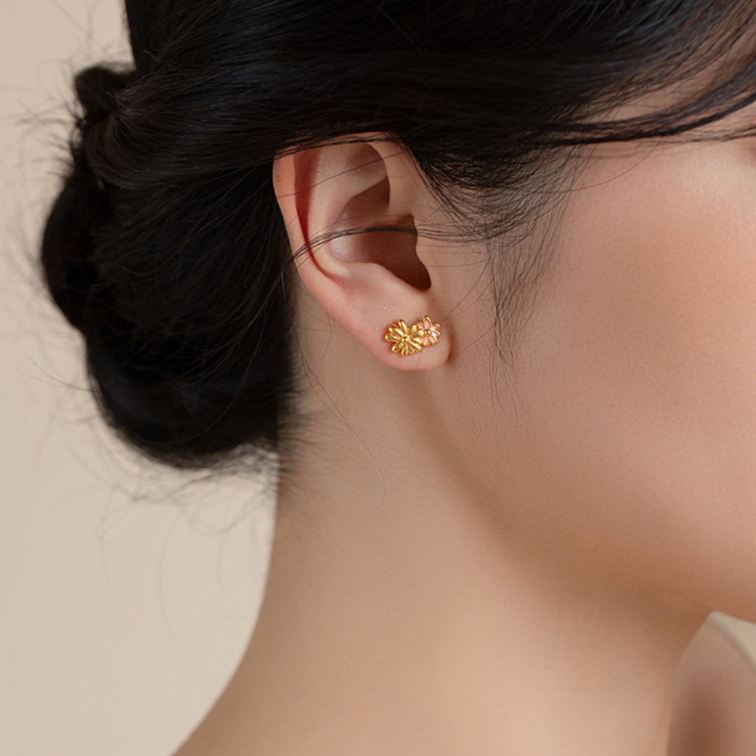 24K Real Gold Cute Playful Flower and Honey Bee Asymmetrical Stud Earrings - Gypsophila Co.