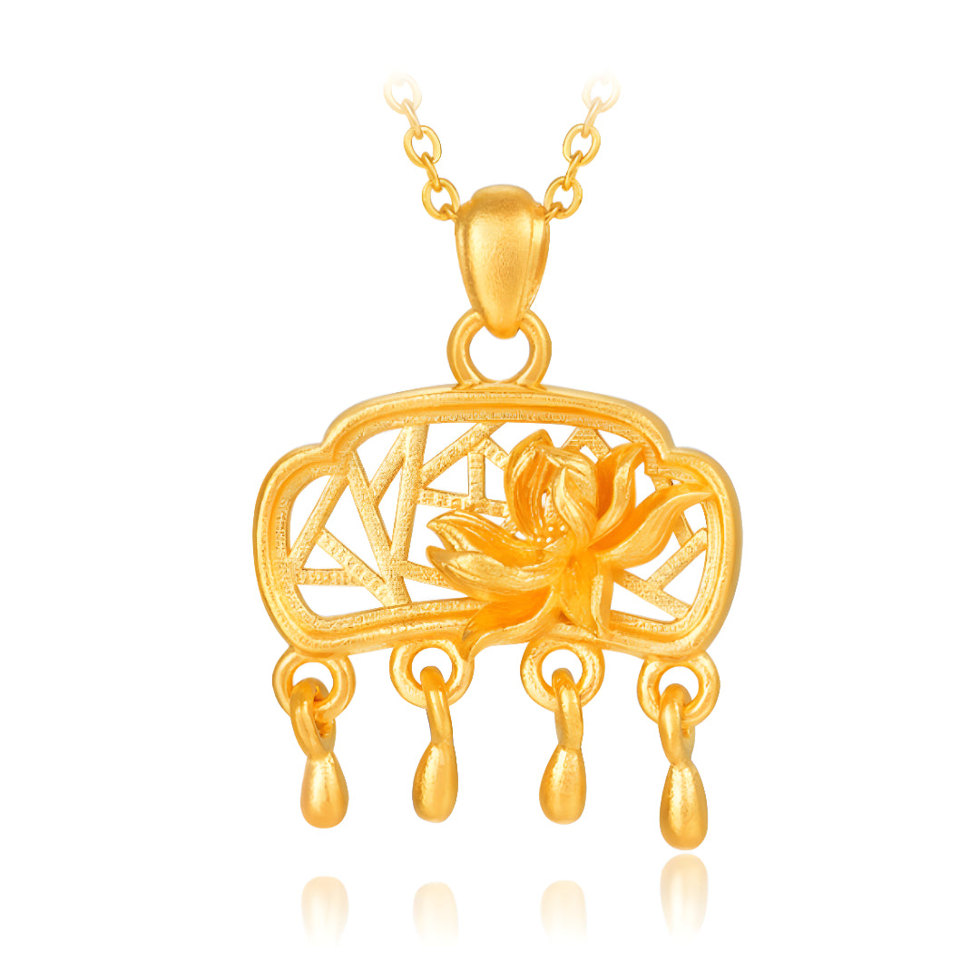 24K Pure Earrings Anicent Style Window Art Lotus Pendant - Gypsophila Co.
