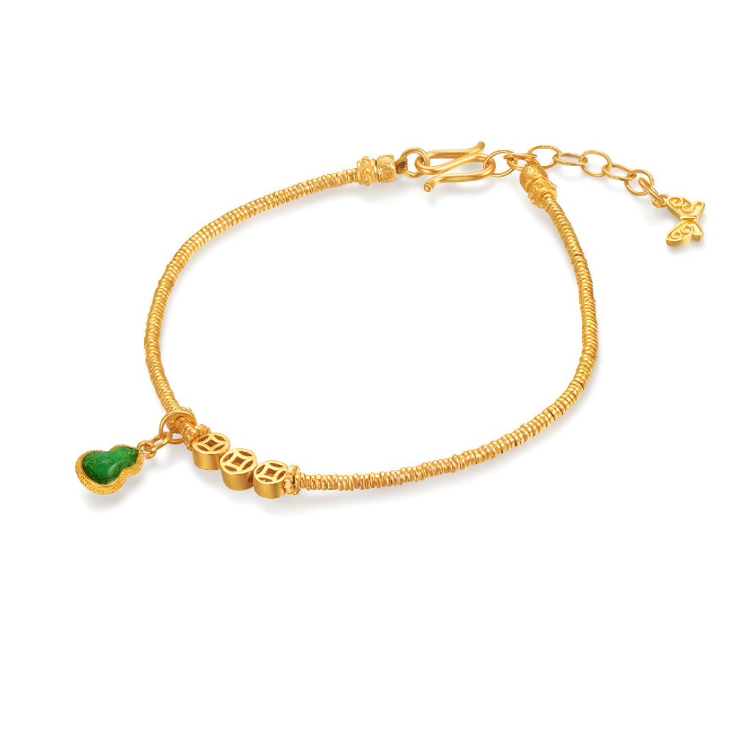 24K Real Gold Enamel Green Gourd Charm Beads Chinese Money Coin Bring Good luck and wealth Bracelet