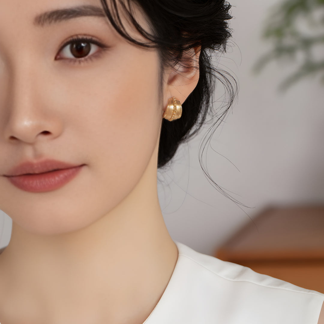 18k Real Gold Brushed Pattern Geometric Stud Earrings