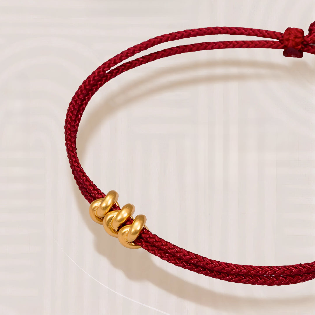 24k Pure 999 Gold Lucky Beads Tie the Knot with Red Rope Bracelet