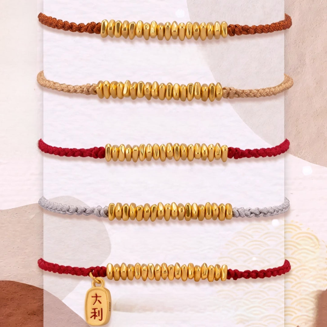 24k Pure 999 Gold Lucky Beads with Red Rope Bracelet