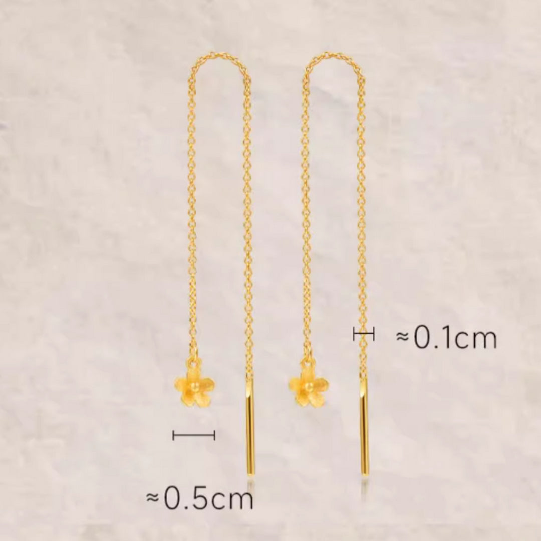 24k Real 999 Gold Flower Cherry Blossom Charm Threader Earrings