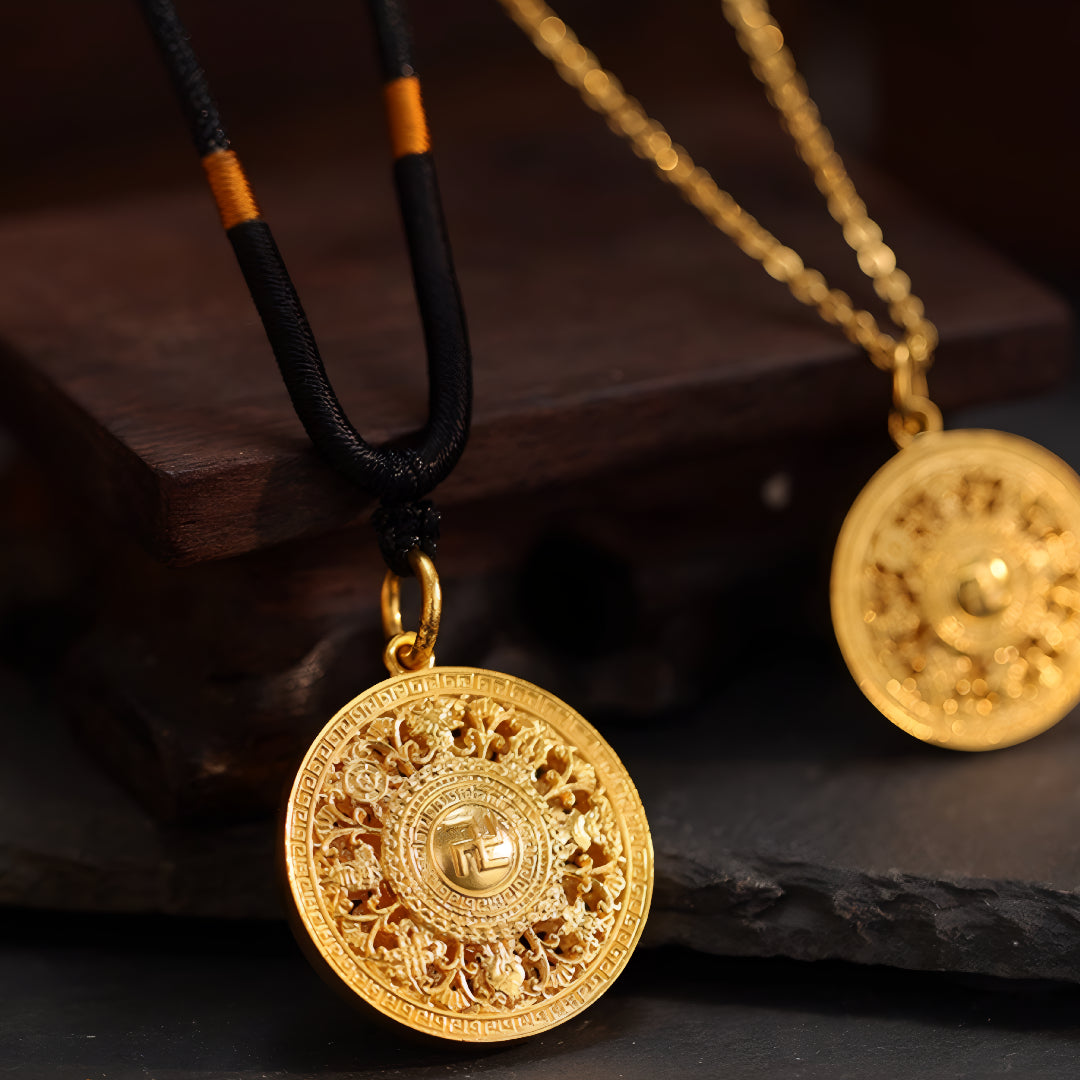 24K Round Compass Fortune Blessing Gold Pendant - Gypsophila Co.