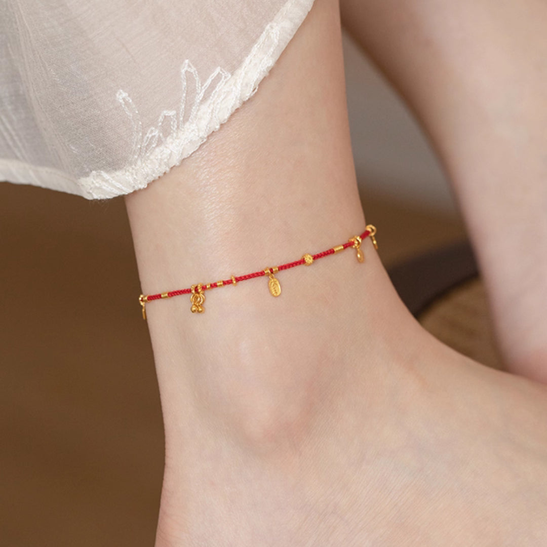 24K Real Gold beads Charms Blessing Bell Lucky Red Rope string Braided Anklet