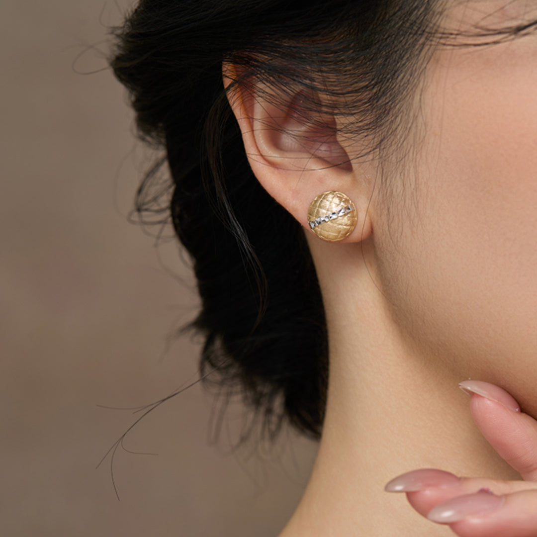 18K Real Gold Retro two-tone Lattice button Stud Earrings - Gypsophila Co.