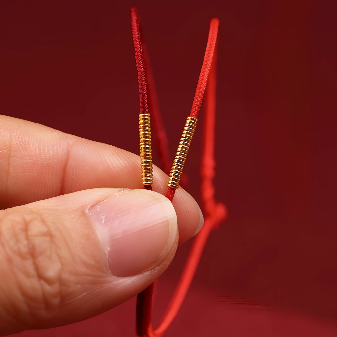 24k Solid 999 Gold Blessing Hoop Beads with Thin Red String Braided Rope Bracelet Minimal Minimalist Style