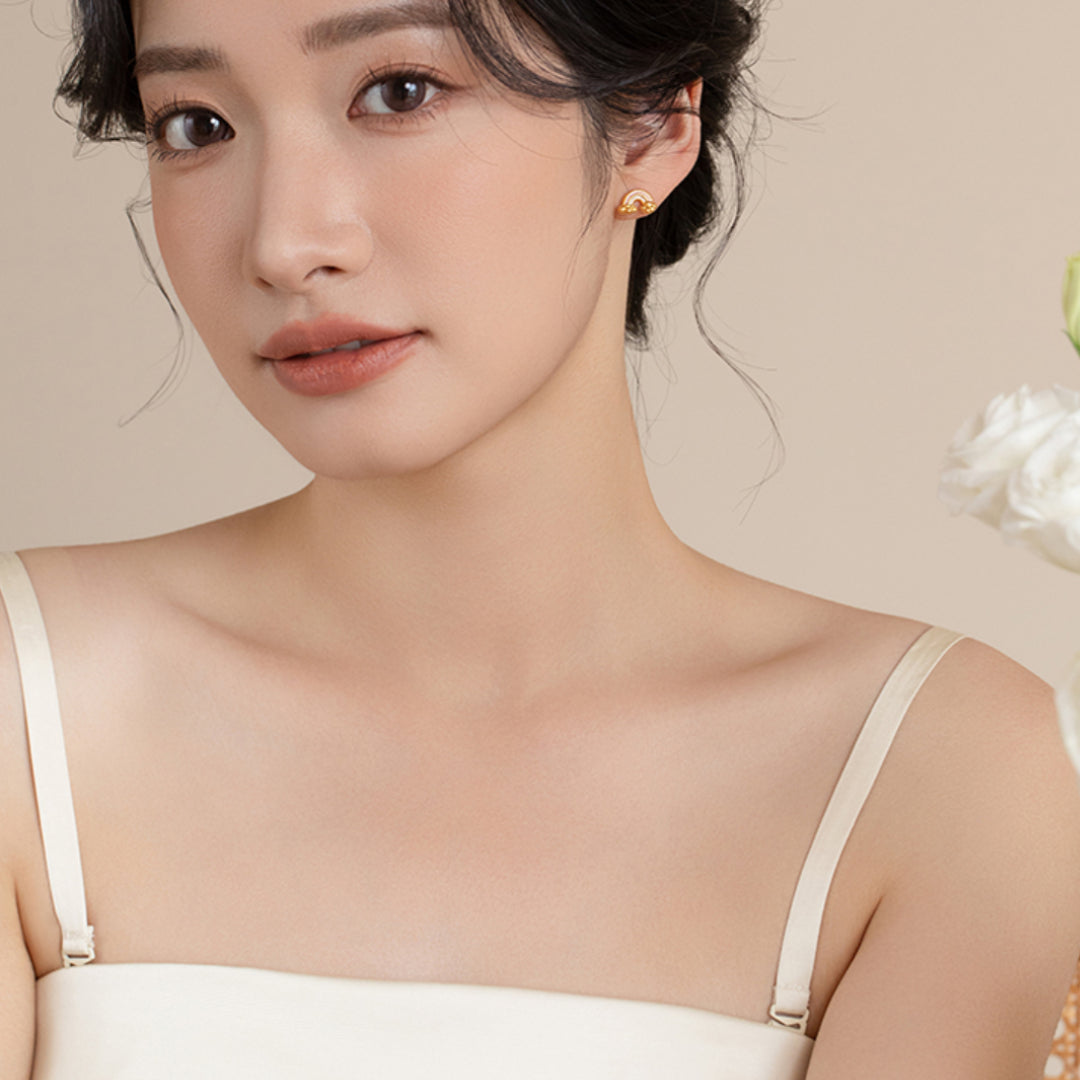 24K Real Gold Cute Playful Sun and Rainbow 5D Hard Gold Enamel Asymmetrical Stud Earrings - Gypsophila Co.