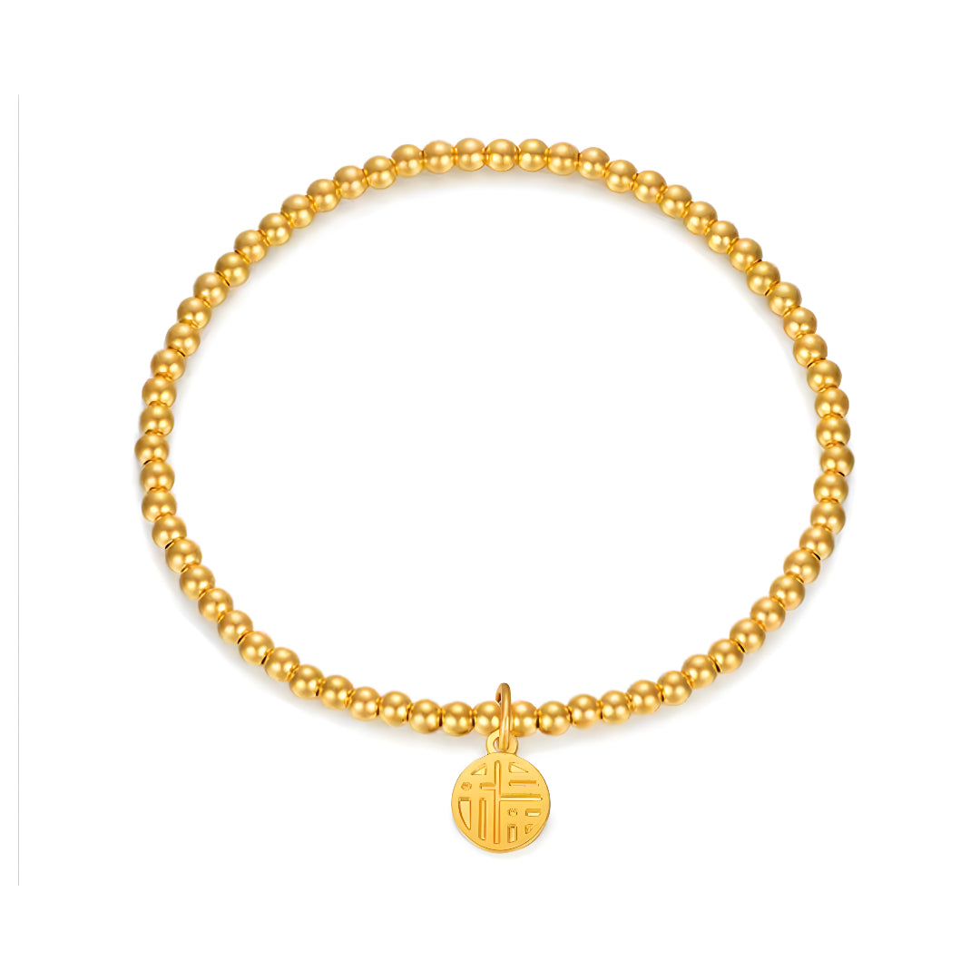 24K Beads Minimal Bracelet with Blessing Chinese Font Fu Charm for Good Luck