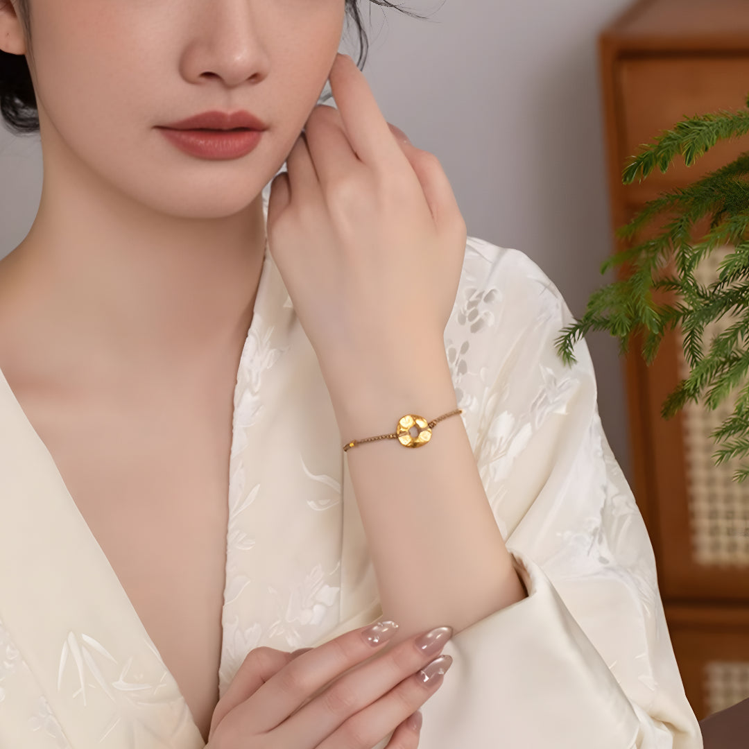 24K Pure Gold Lucky Chinese Words Charm with Braided Rope Bracelet