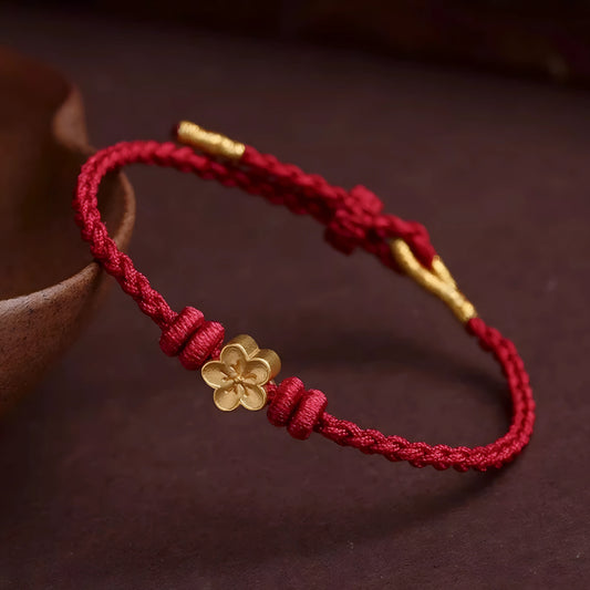 24k Solid 999 Gold Cherry Blossom Flower Red Rope Braided Bracelet