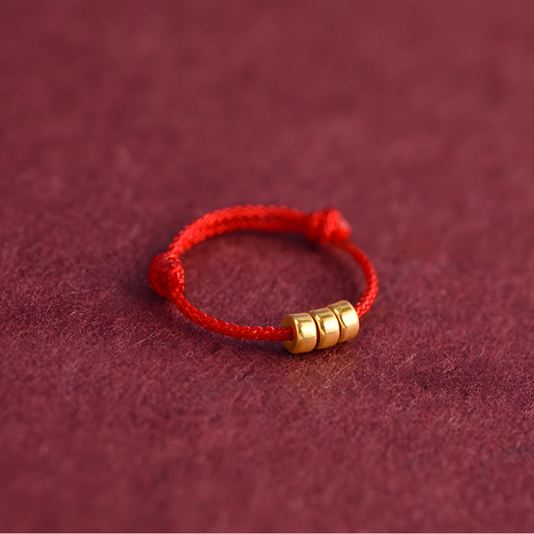 24k Solid 999 Gold Lucky Beads Red Rope Braided Adjustable Stacking Ring Minimal Style
