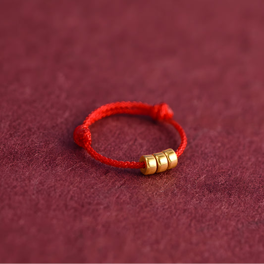 24k Solid 999 Gold Lucky Beads Red Rope Braided Adjustable Stacking Ring Minimal Style