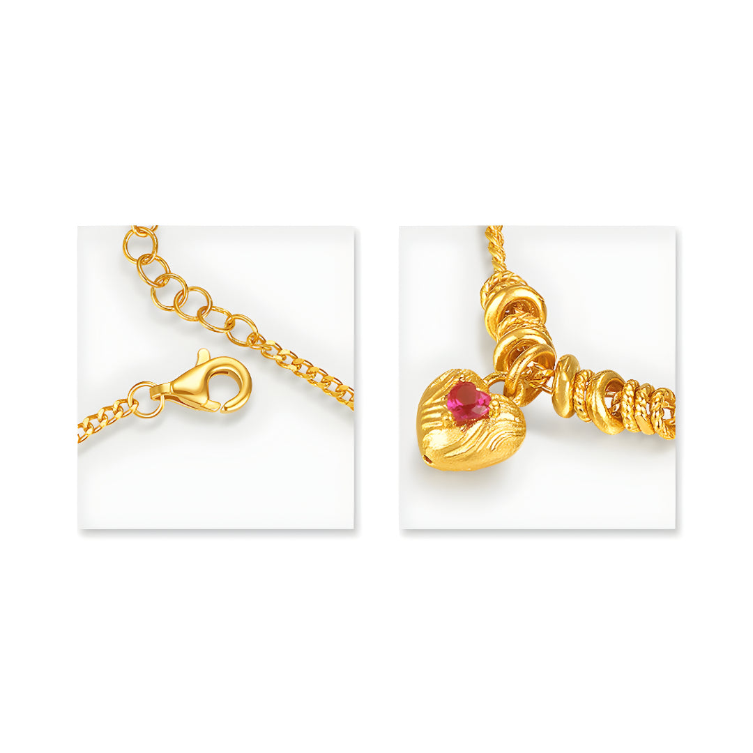24K Real Gold Chain and link Bracelet with Beads and Heart Charm