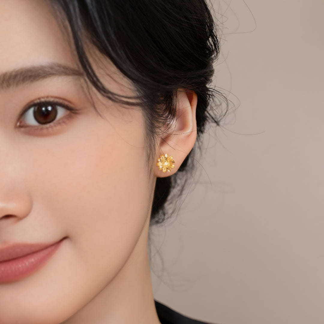 24K Real Gold Shining Sunflower Scale Pattern Stud Earrings