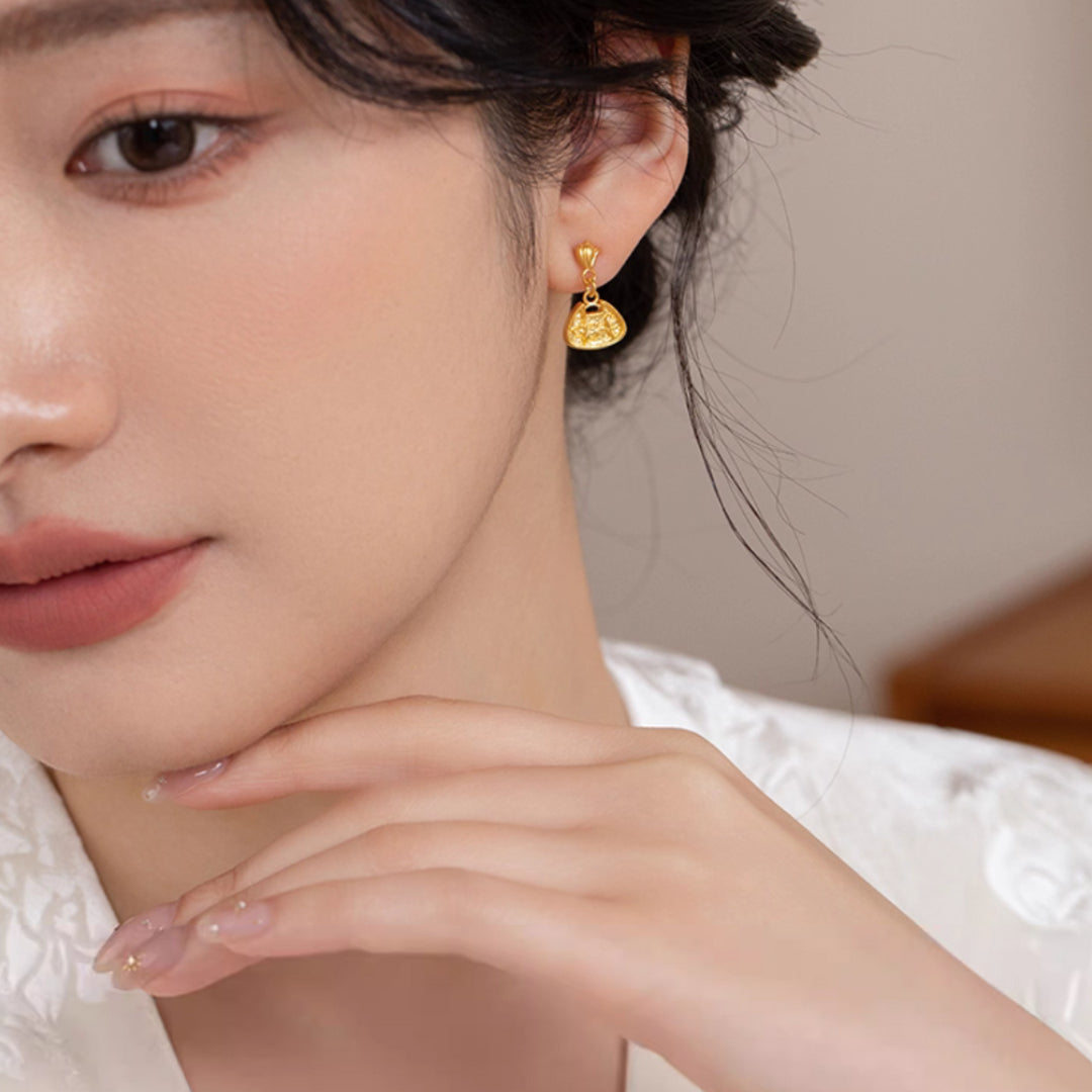 24k Real Gold Ancient Triditional Style Solid Snow Orchid Flower Stud Earrings