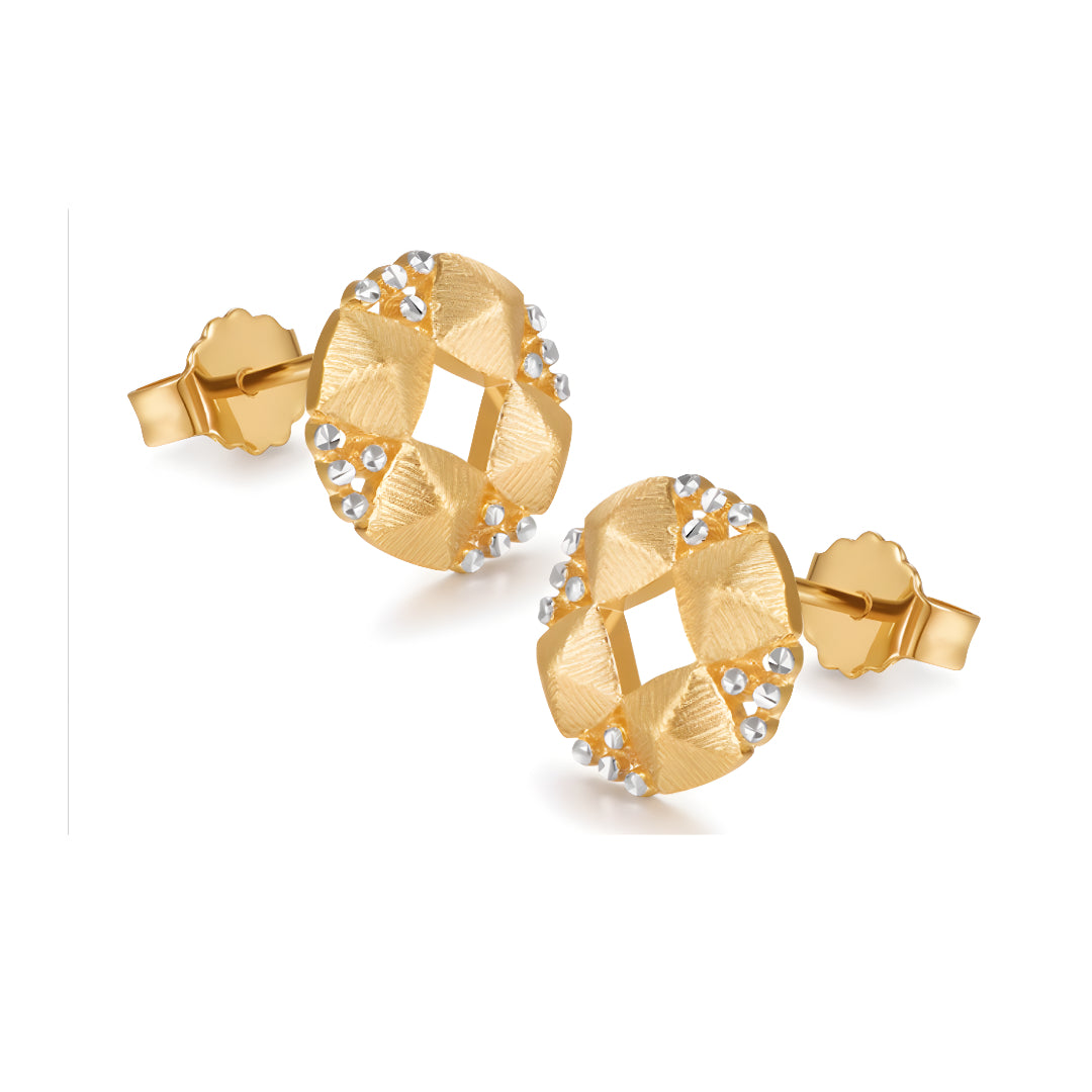 18K Real Gold Retro two-tone Lattice button Stud Earrings - Gypsophila Co.
