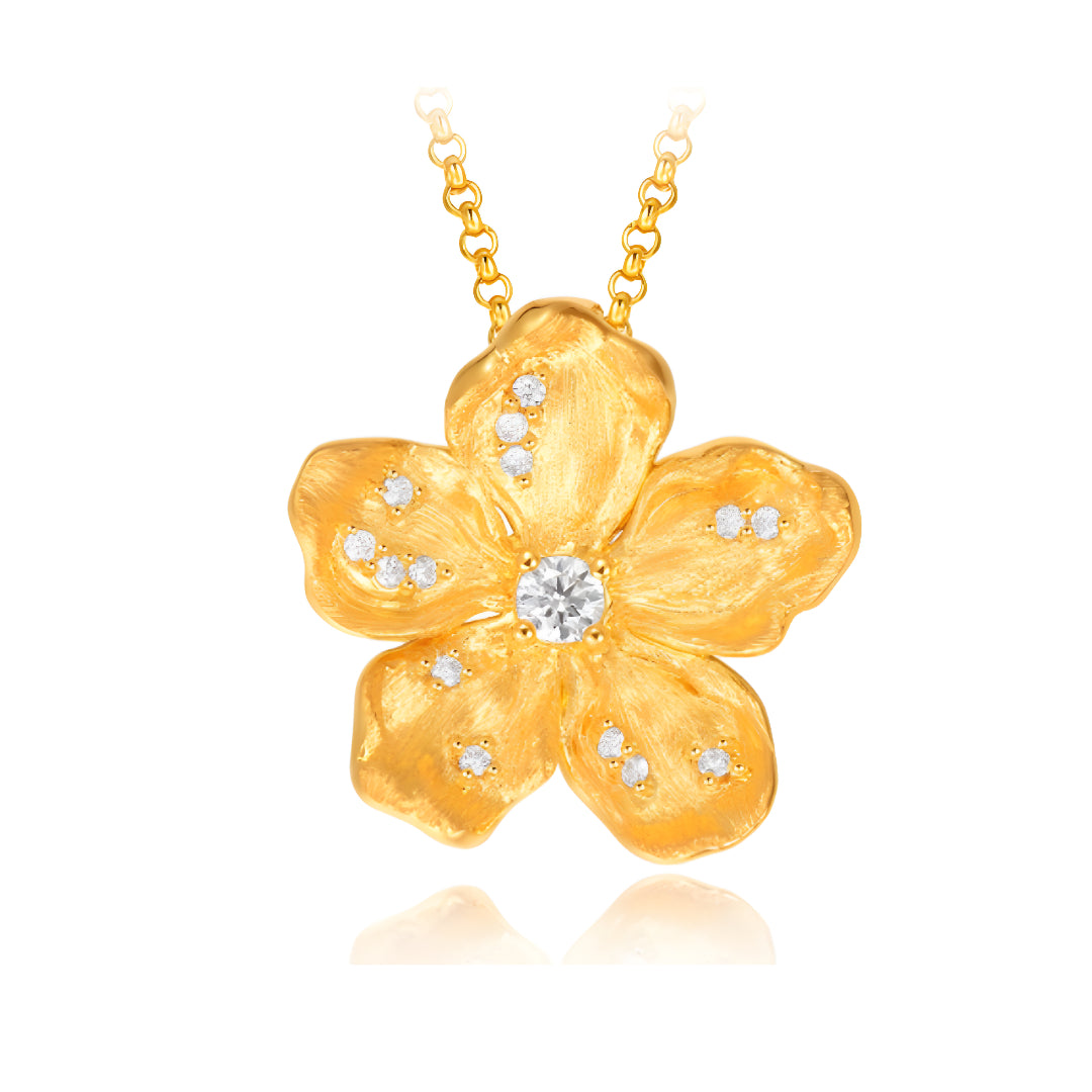 24K Pure Gold 5D Stylish Brushed Gold Flower Pendant - Gypsophila Co.