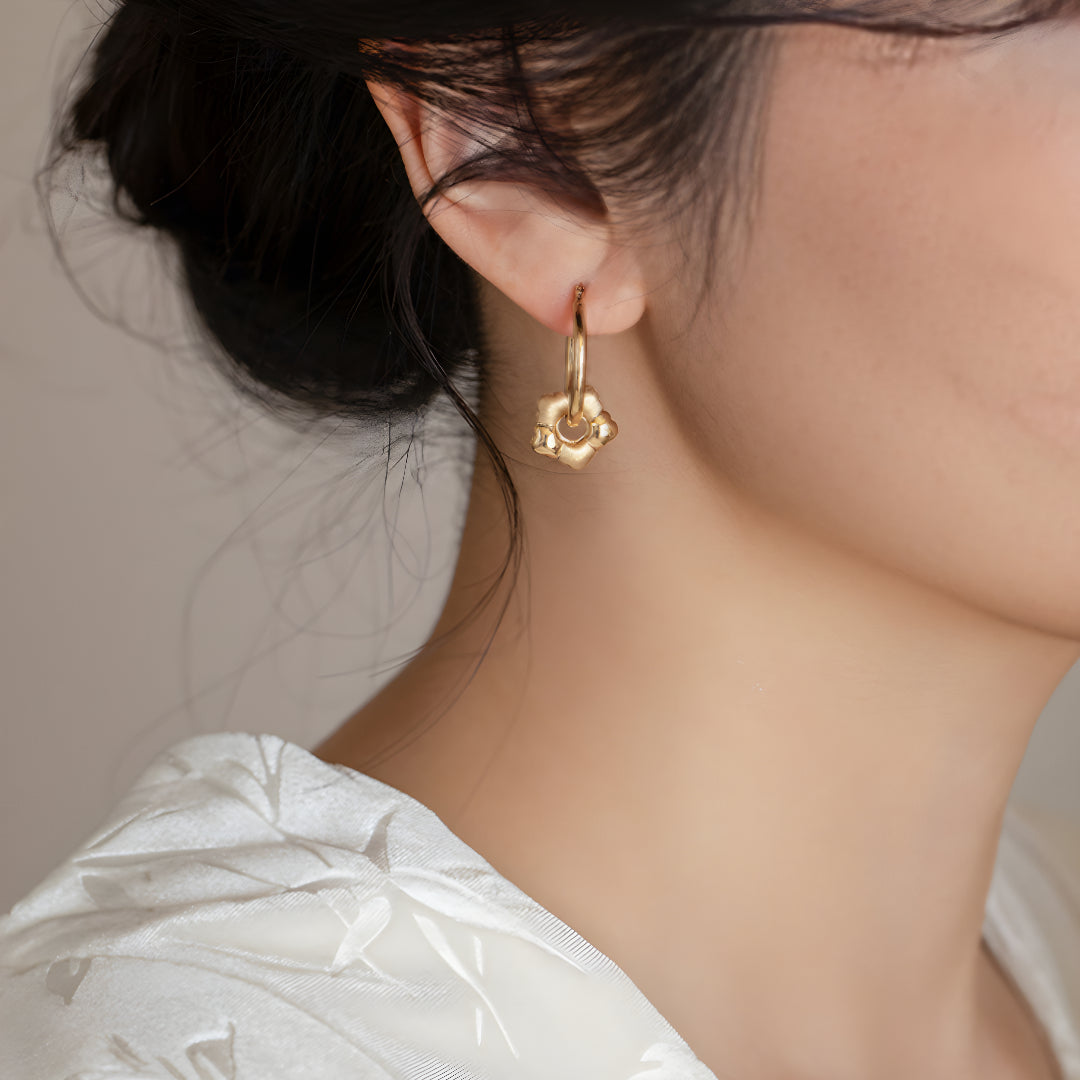 18k Pure Gold Flower Removable Charm Hoop Earrings