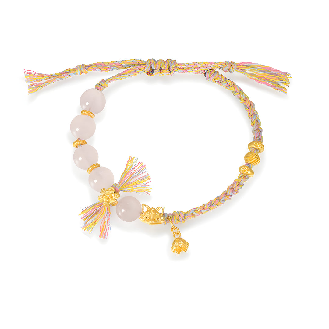 24K Pure Gold Peach Blossom Fox Mask Charm Braided Pink Crystal Rope Bracelet - Gypsophila Co.