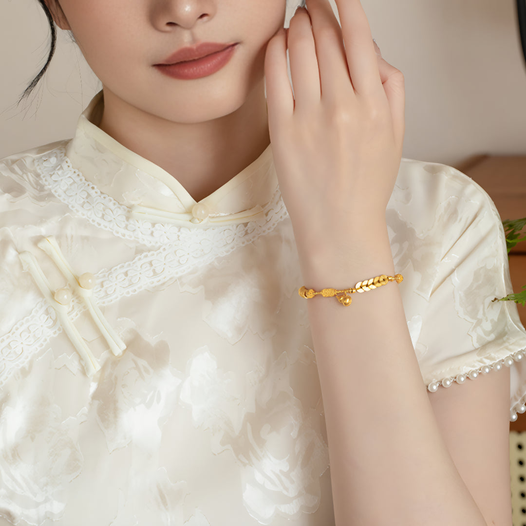 24K Real Gold Five Elements Blessing Coin Bring Wealth Gourd Gold Bracelet