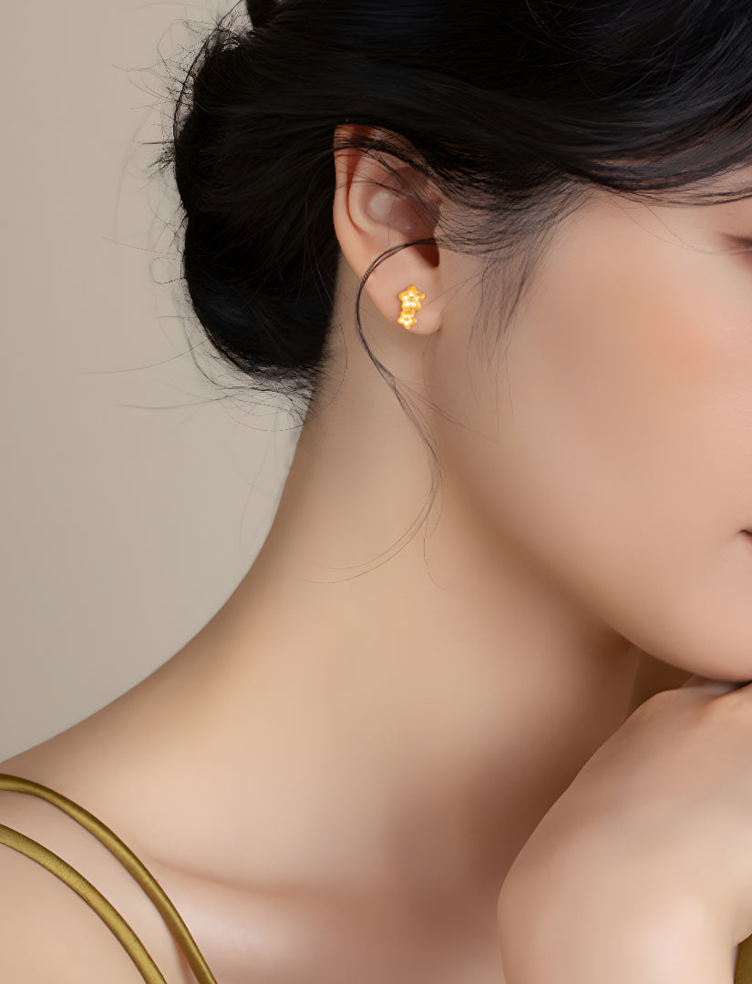 18k Pure Gold Double Stacking Flower Stud Earrings - Gypsophila Co.