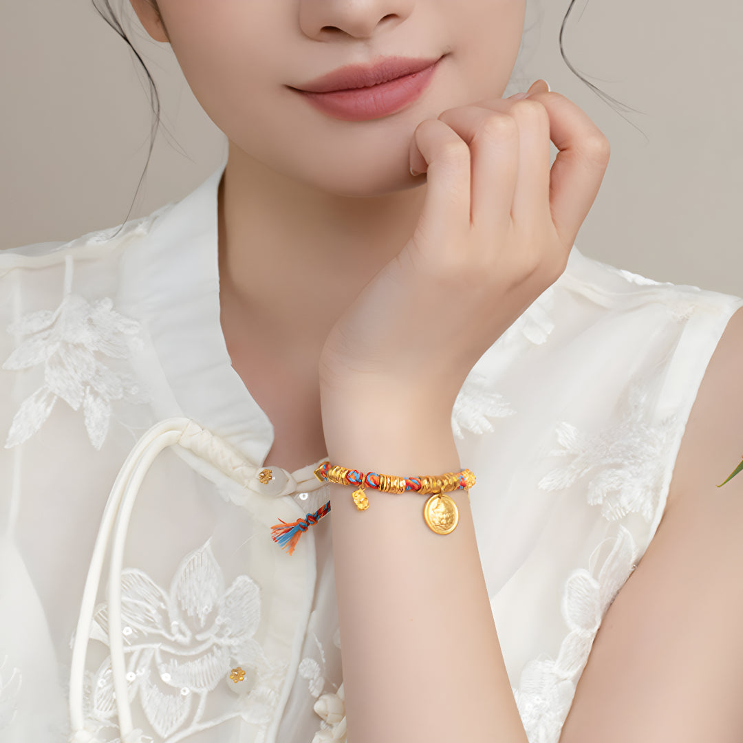 24K Pure Gold Dunhuang God of Wealth Gold Pendant Braided Rope Bracelet - Gypsophila Co.