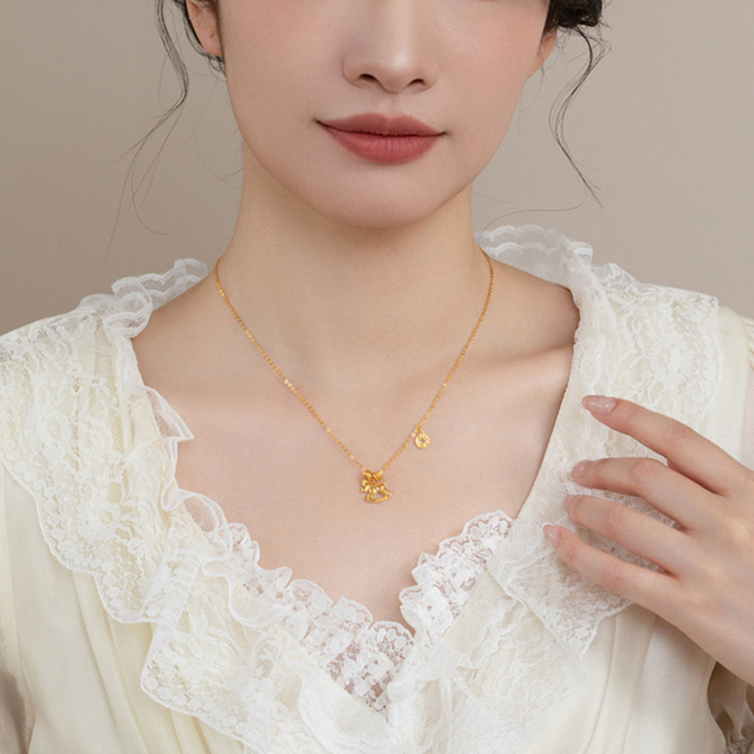 24K Pure Gold 5G Gold Pendant Trojan Rocking Horse with Necklace Bring Wealth - Gypsophila Co.
