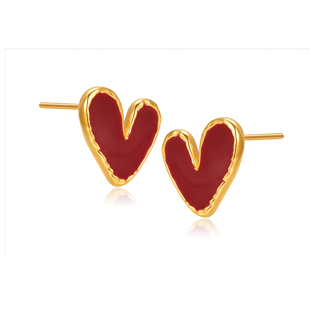 24K Real Gold Enamel Red Heart Love Valentine Gift Stud Earrings