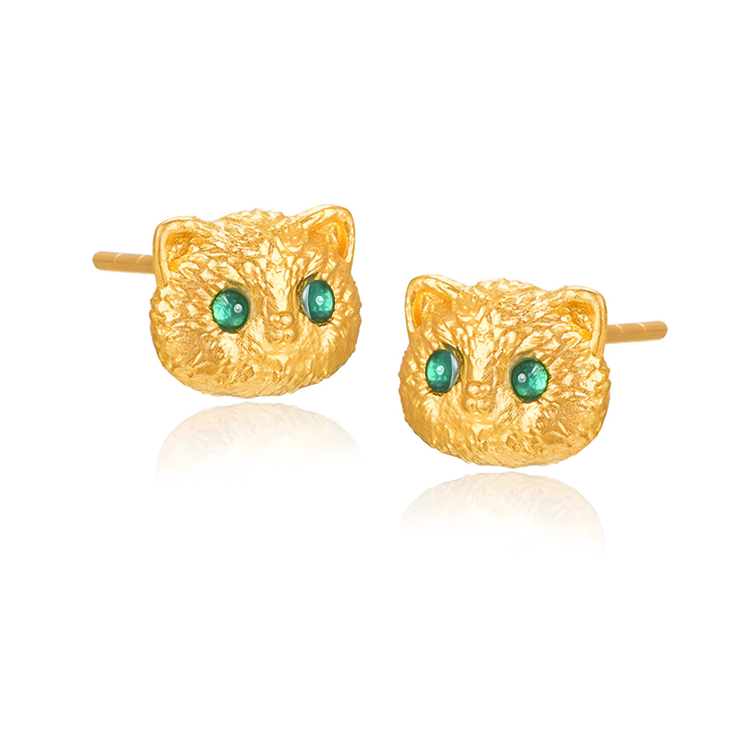 24K Real Gold Kitty Cat Stud Earrings with Green eyes Enamel