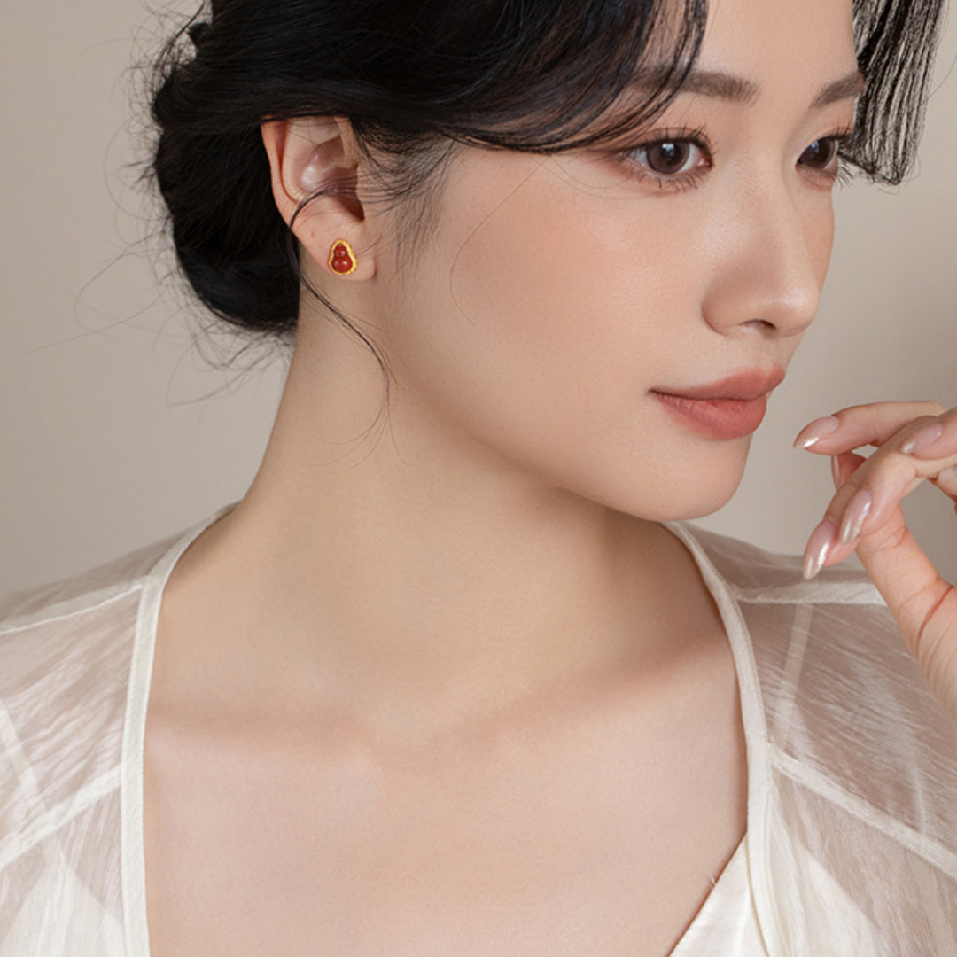 24K Pure Gold Lucky South Red Agate Gourd Stud Earrings - Gypsophila Co.