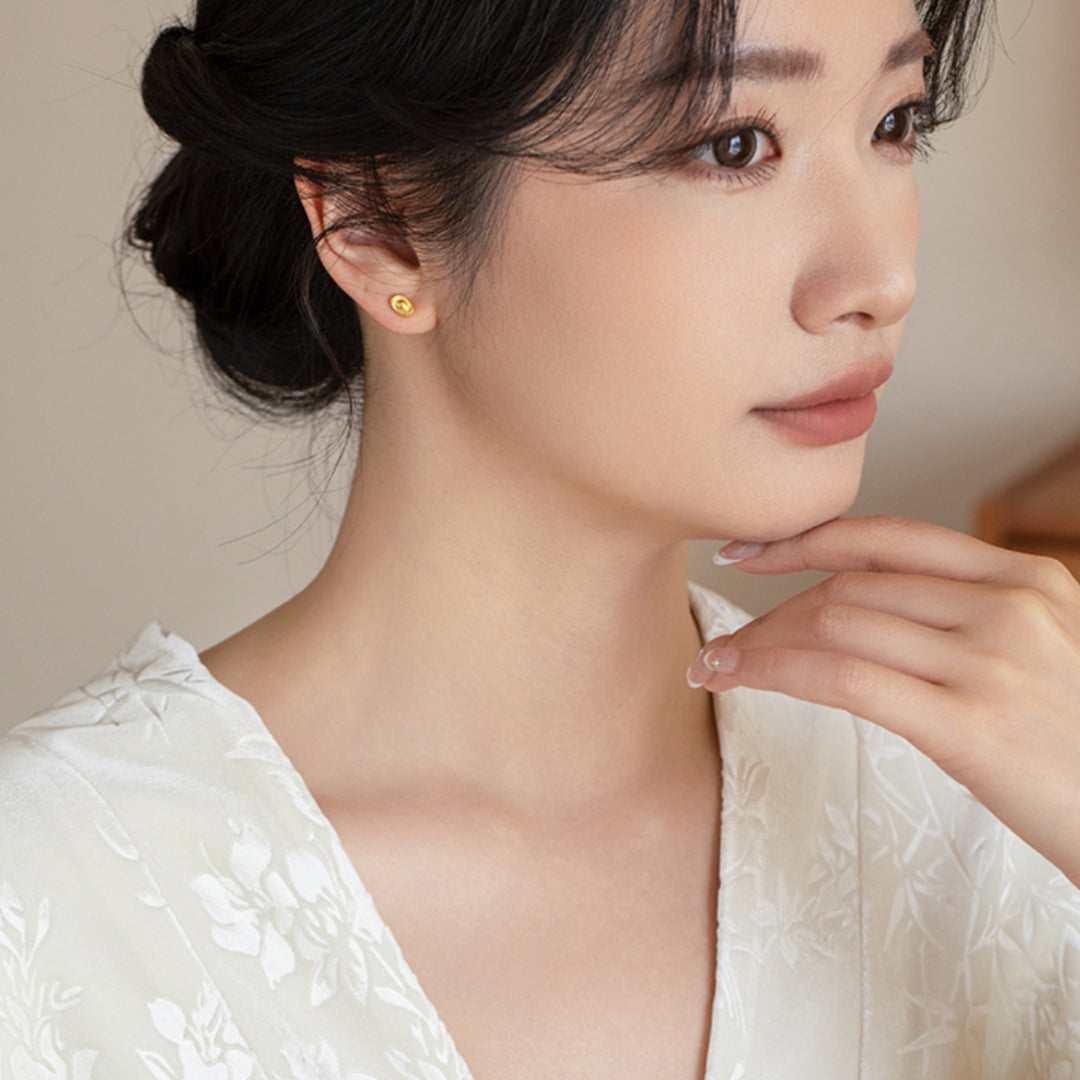 24k Pure Gold Yuanbao Lucky Stud Earrings