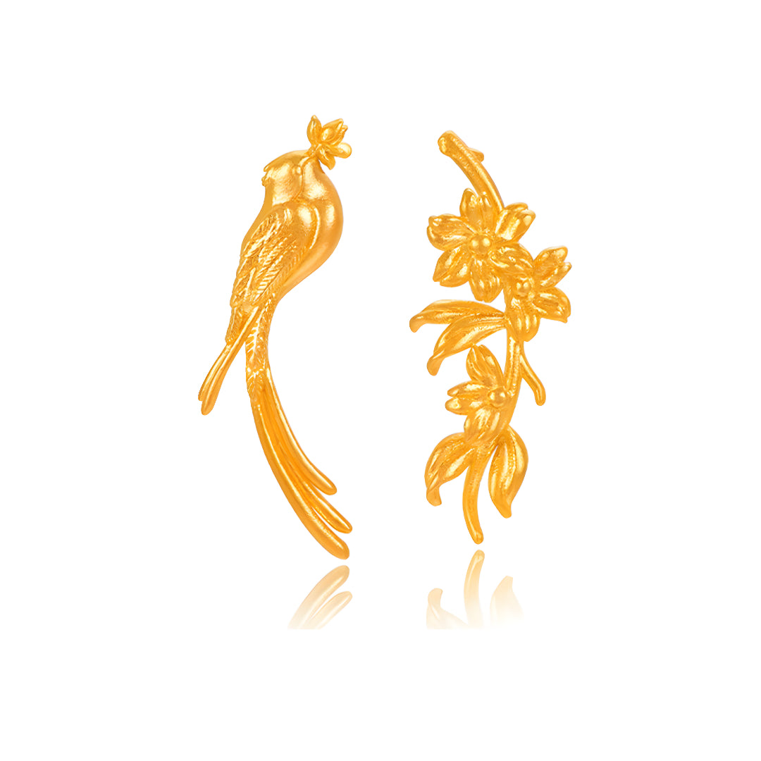 24K Real Gold Bird and Flower Unique Stud Earrings